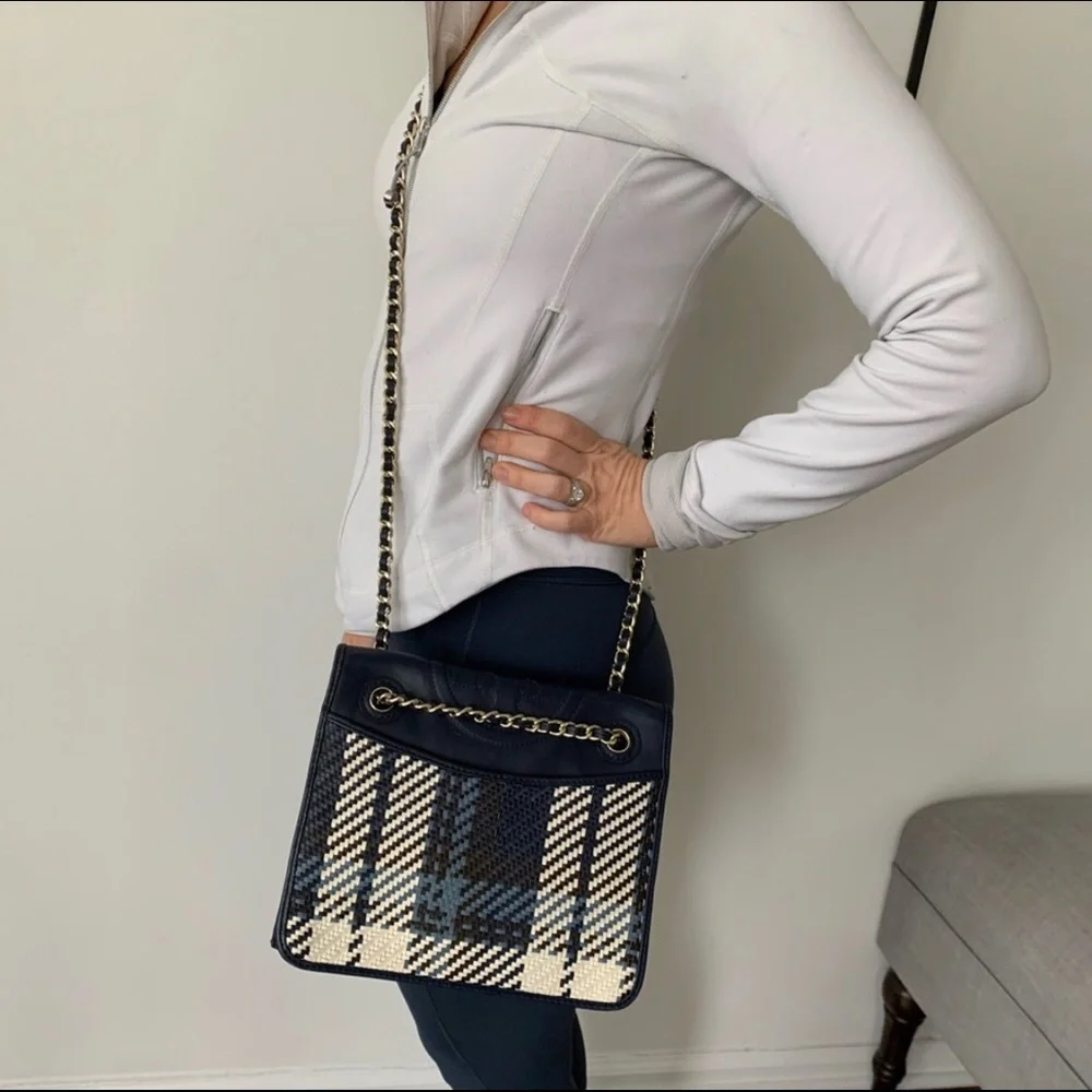 Tory Burch Navy Blue and White Woven Crossbody Bag